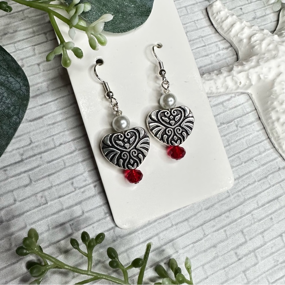 3/$25 Silver Heart Earring with Pearl and Red Glass Bead